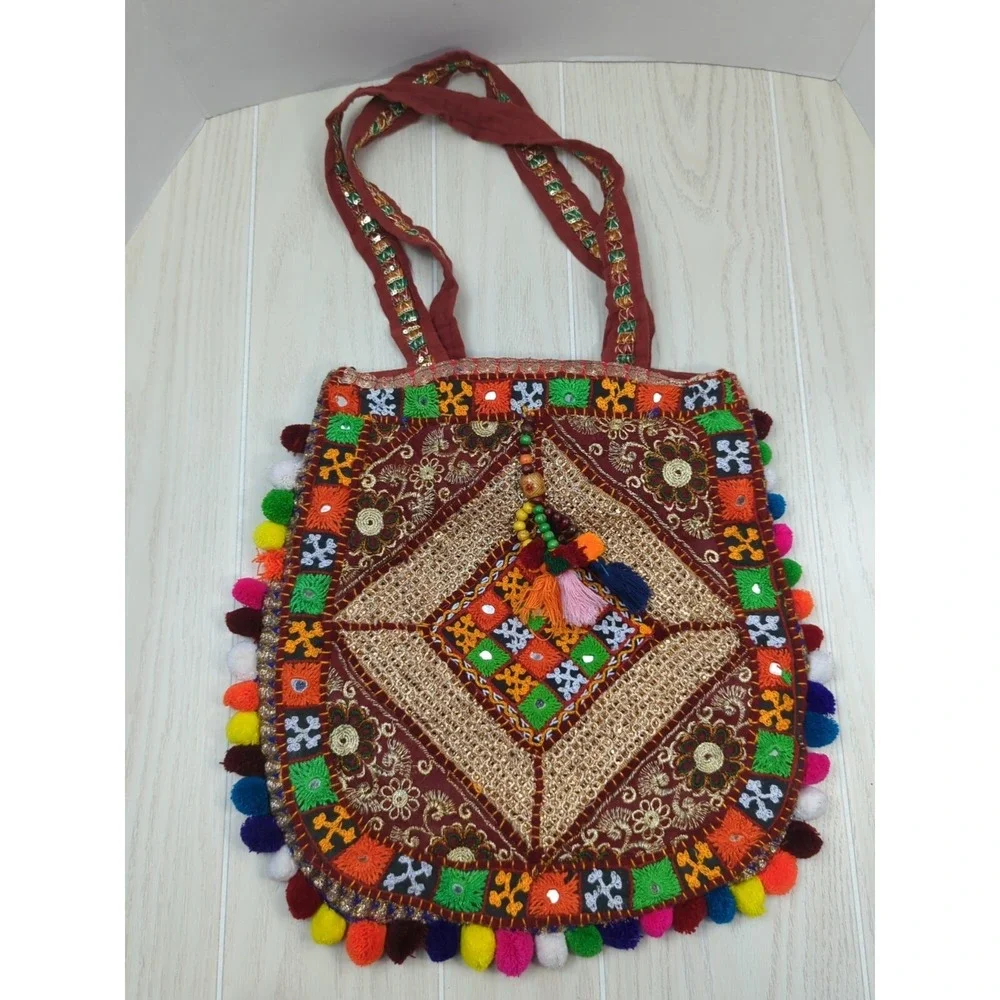 Handcrafted Made India fabric mirrored stitched hobo hippie bag purse pom poms
